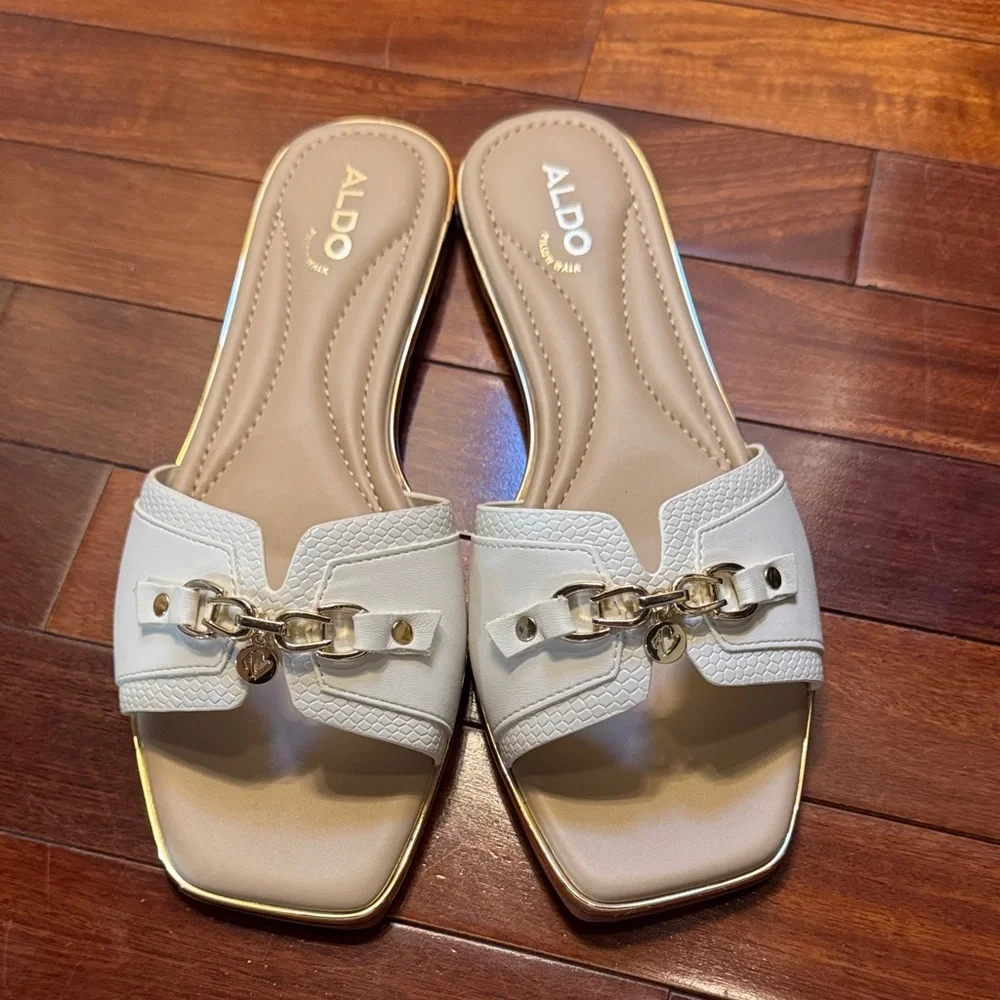 ALDO White Slide Sandals with Gold Accents - Picture 1 of 4